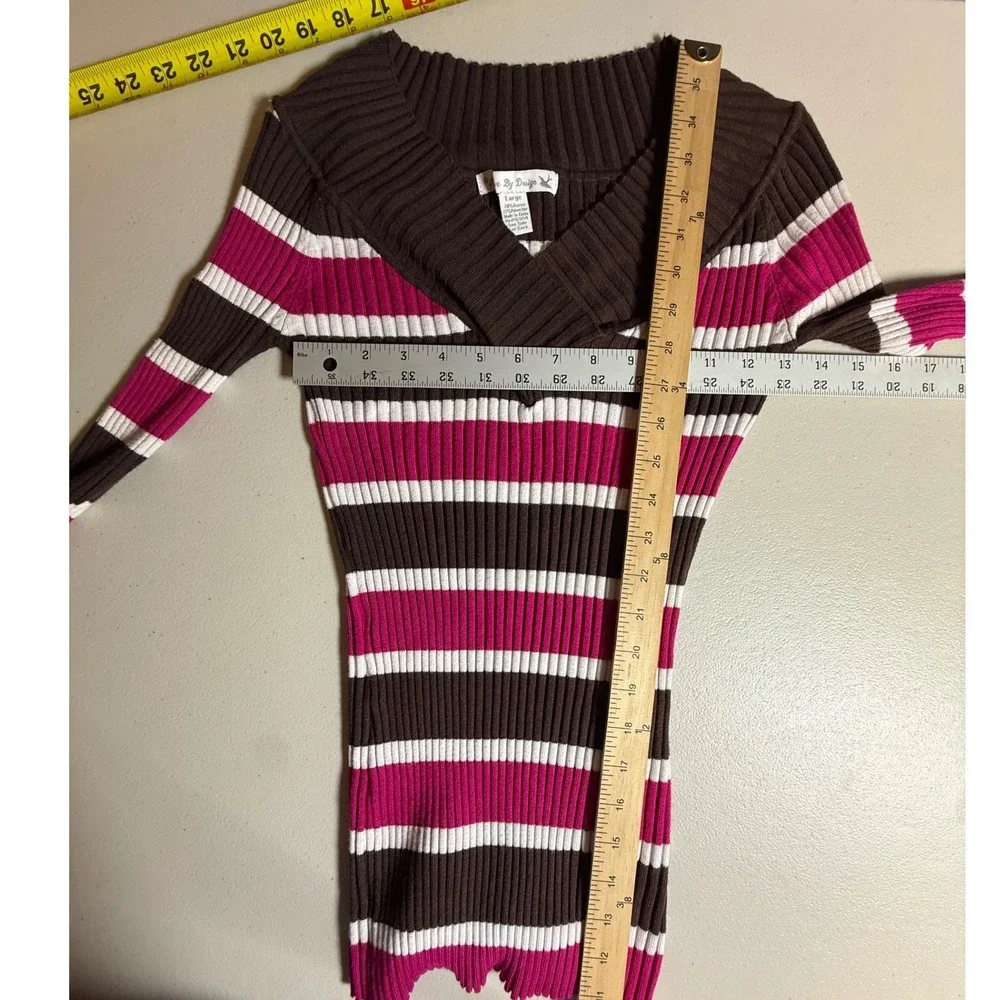 Vintage Brown Pink White Striped Ribbed Knit V-Neck Long Sleeve Sweater Top